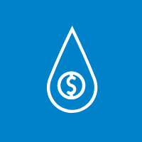 Blue box with a white graphic of a water drop with a dollar sign in it