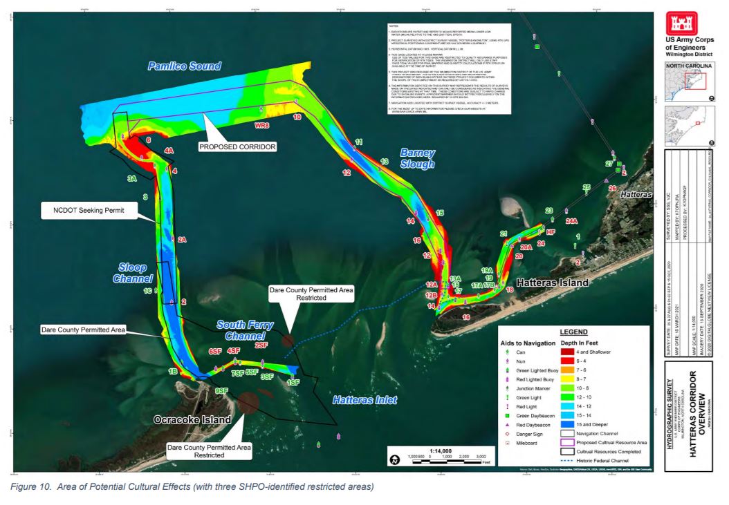 A map of the Hatteras Ferry Channel indicating hot spots for shoaling.