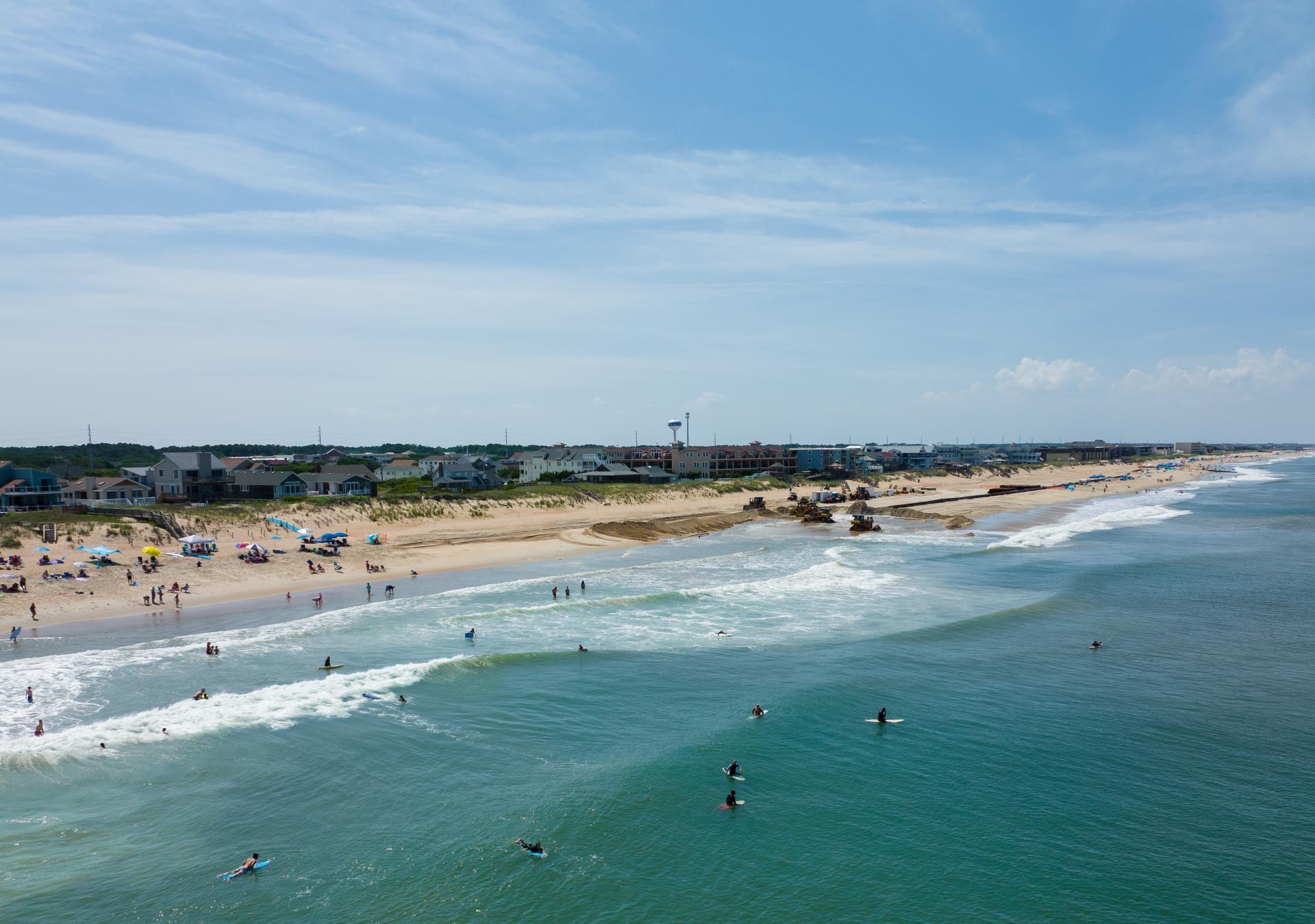 Aerial view of the beach in Kill Devil Hills during beach nourishment 2022