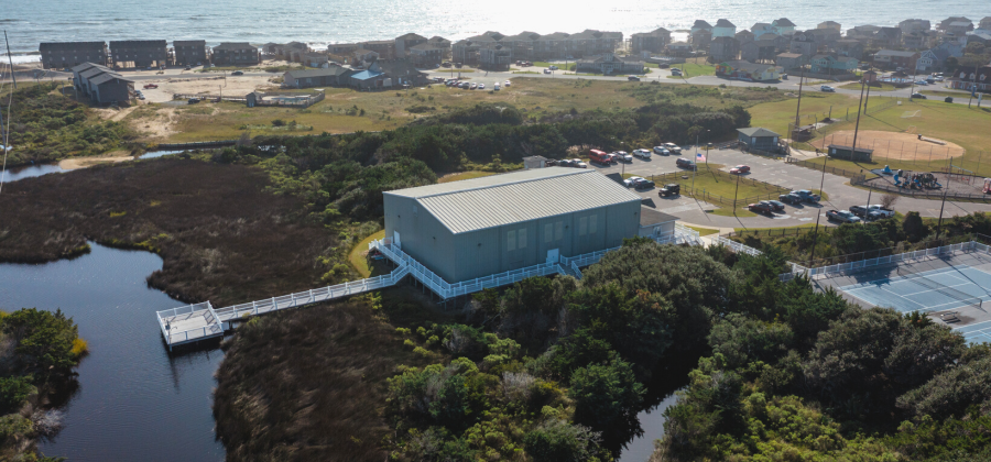 Aerial image of the Fessenden Center, tennis courts and baseball field.