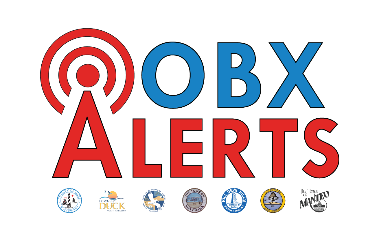 OBX Alerts logo with all the Dare County and incorporated town logos stacked below "OBX Alerts"