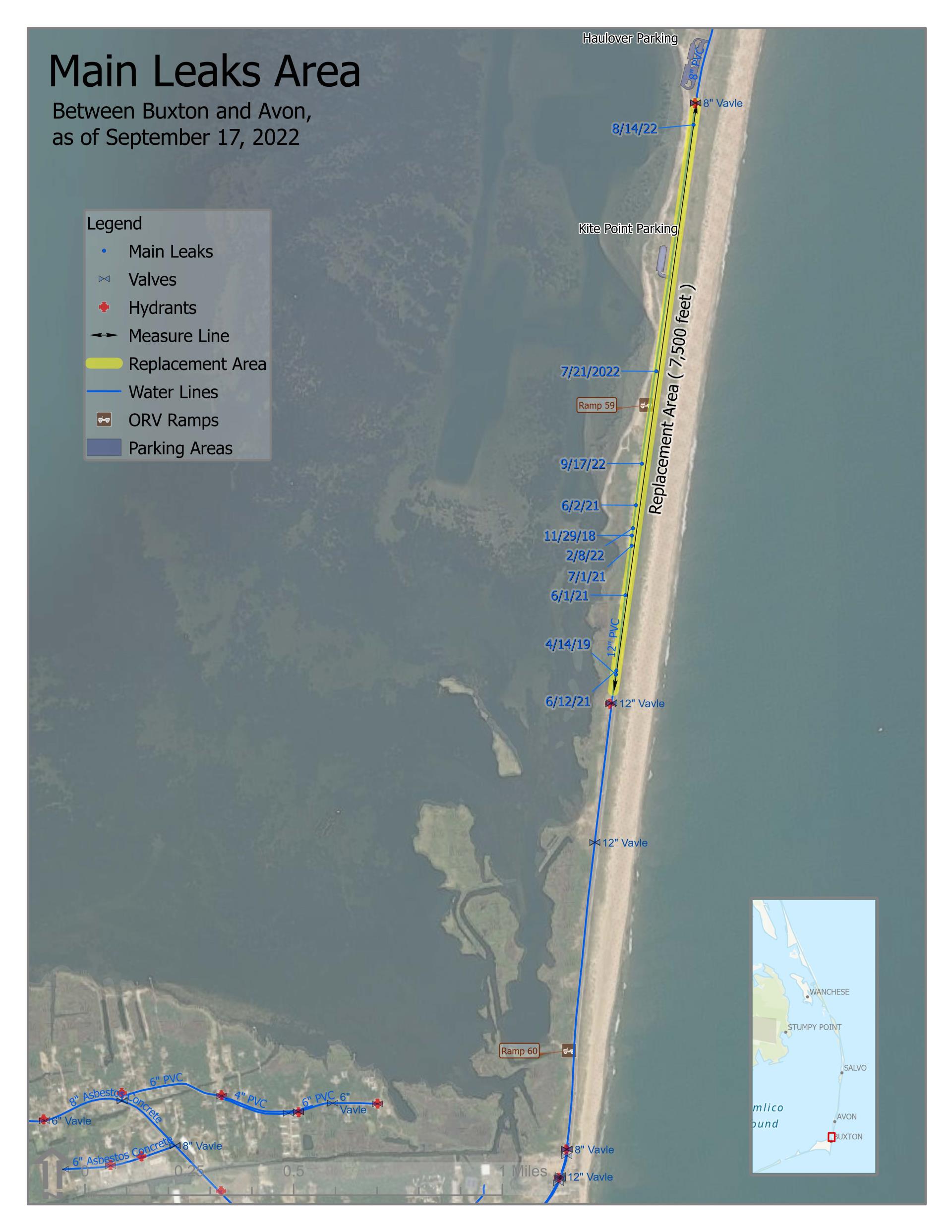 Aerial map which depicts multiple water line breaks between Avon and Buxton.