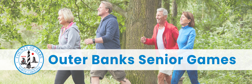 Image of two senior men and two senior women walking outdoors. Heading: Outer Banks Senior Games