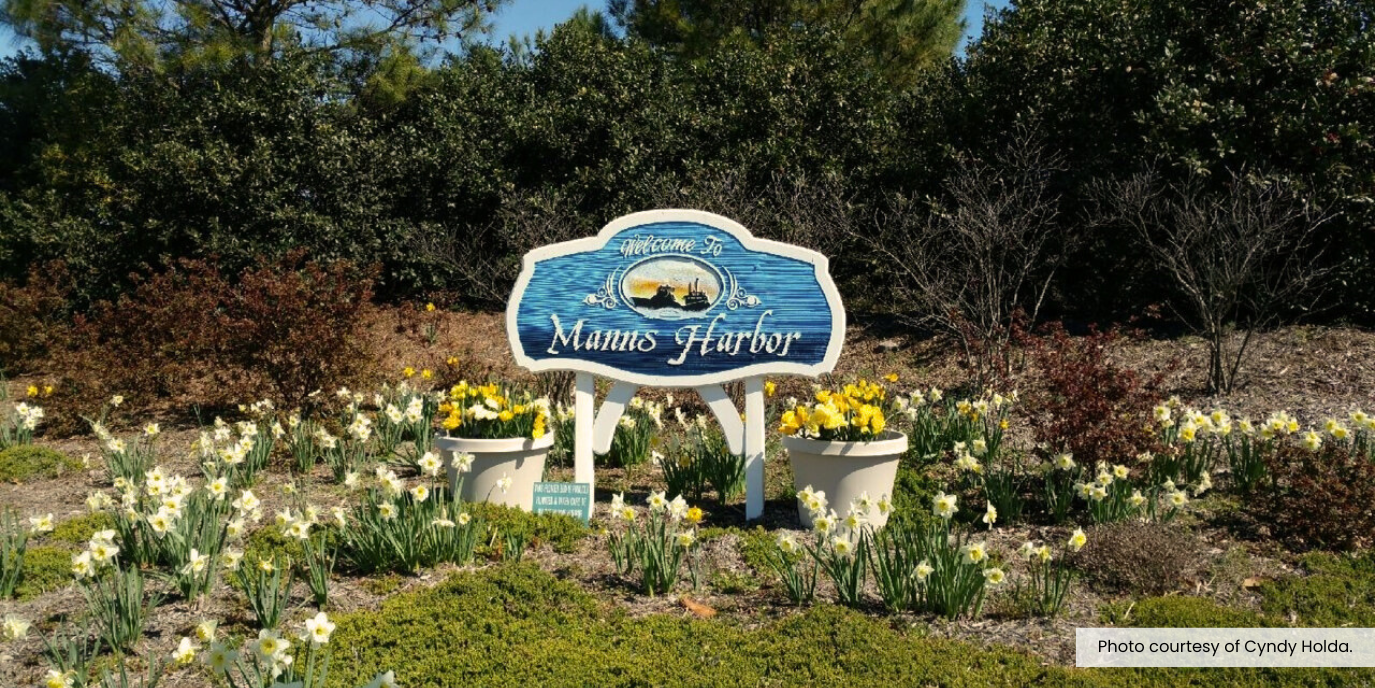 Image of a sign that reads, "Welcome to Manns Harbor" surrounded by daffodils.