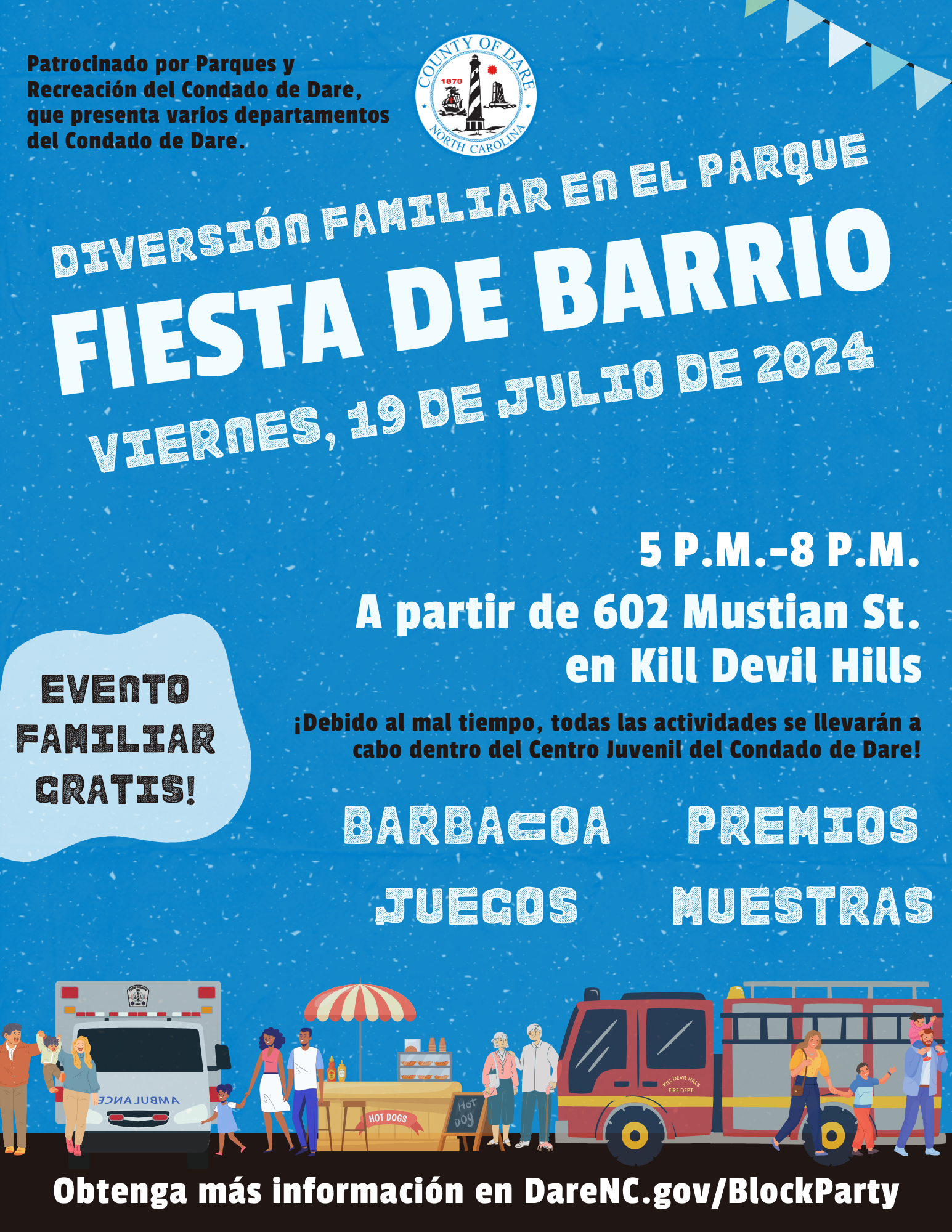 Spanish Flyer for the Block Party event. All details are listed above.