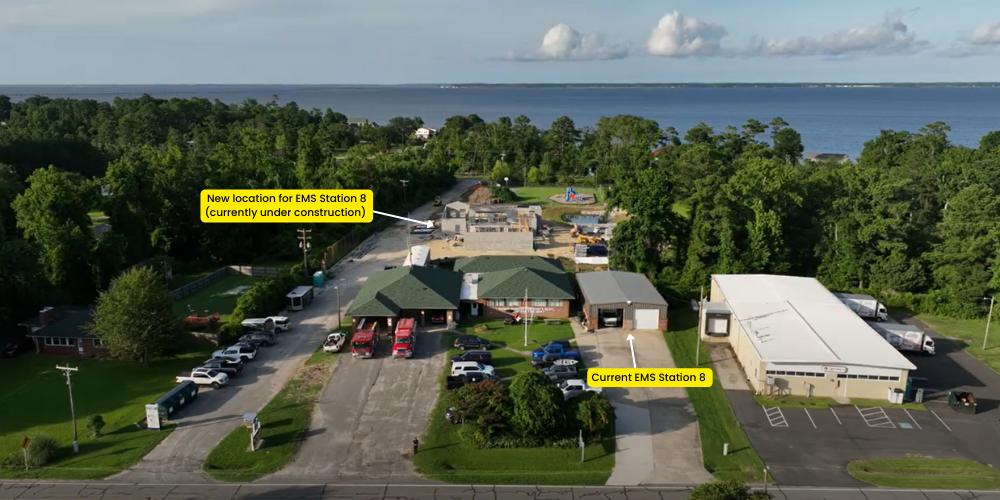 Aerial image of Manns Harbor EMS Station 8 depicting current and new locations.