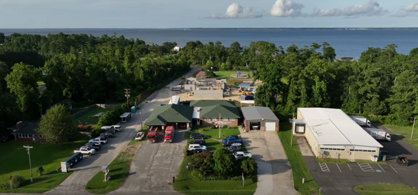 Aerial image of the progress on EMS Station 8 in Manns Harbor.