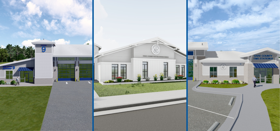 Compilation of three building renderings: EMS Station 9, the Dare County Youth Center and EMS Station 8.