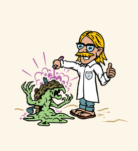 Button graphic depicting a man in a lab coat (Professor Faucet) pouring chemicals on a green monster (corrosion).