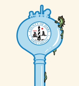 Button graphic depicting a a green monster (corrosion) climbing a Dare County water tower.