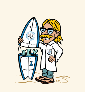 Button graphic depicting a man in a lab coat (Professor Faucet) opening his surfboard lab kit.