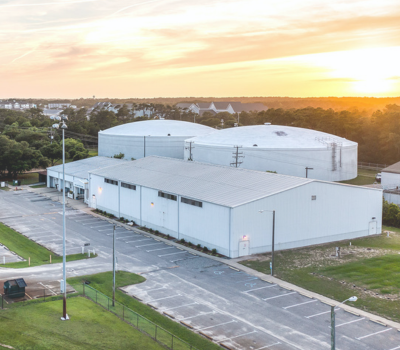 Aerial image of the Dare County Youth Center at Family Recreation Park in Kill Devil Hills at sunset.