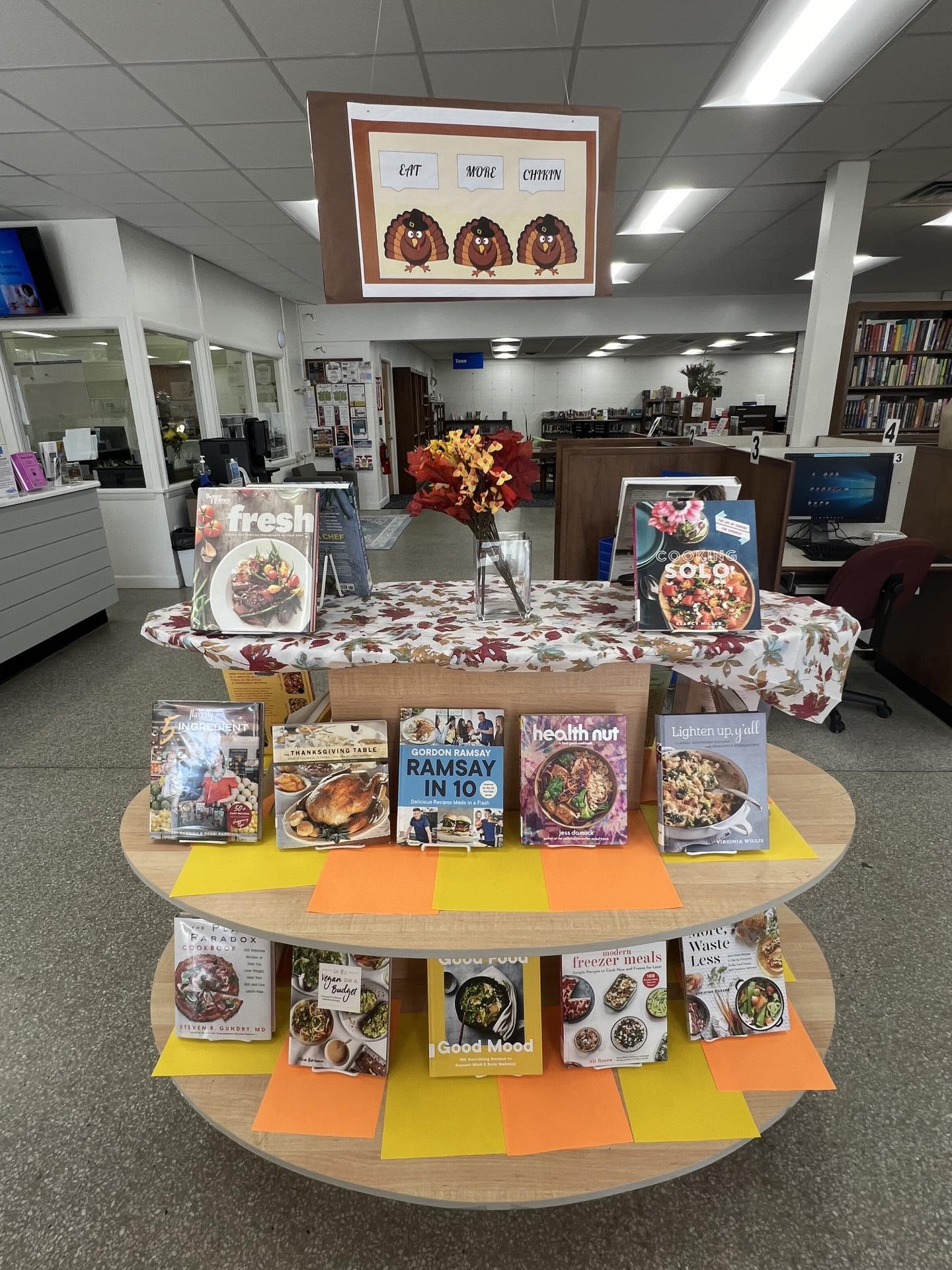 Manteo November Book Display - Eat More Chicken.  Photo shows cooking books